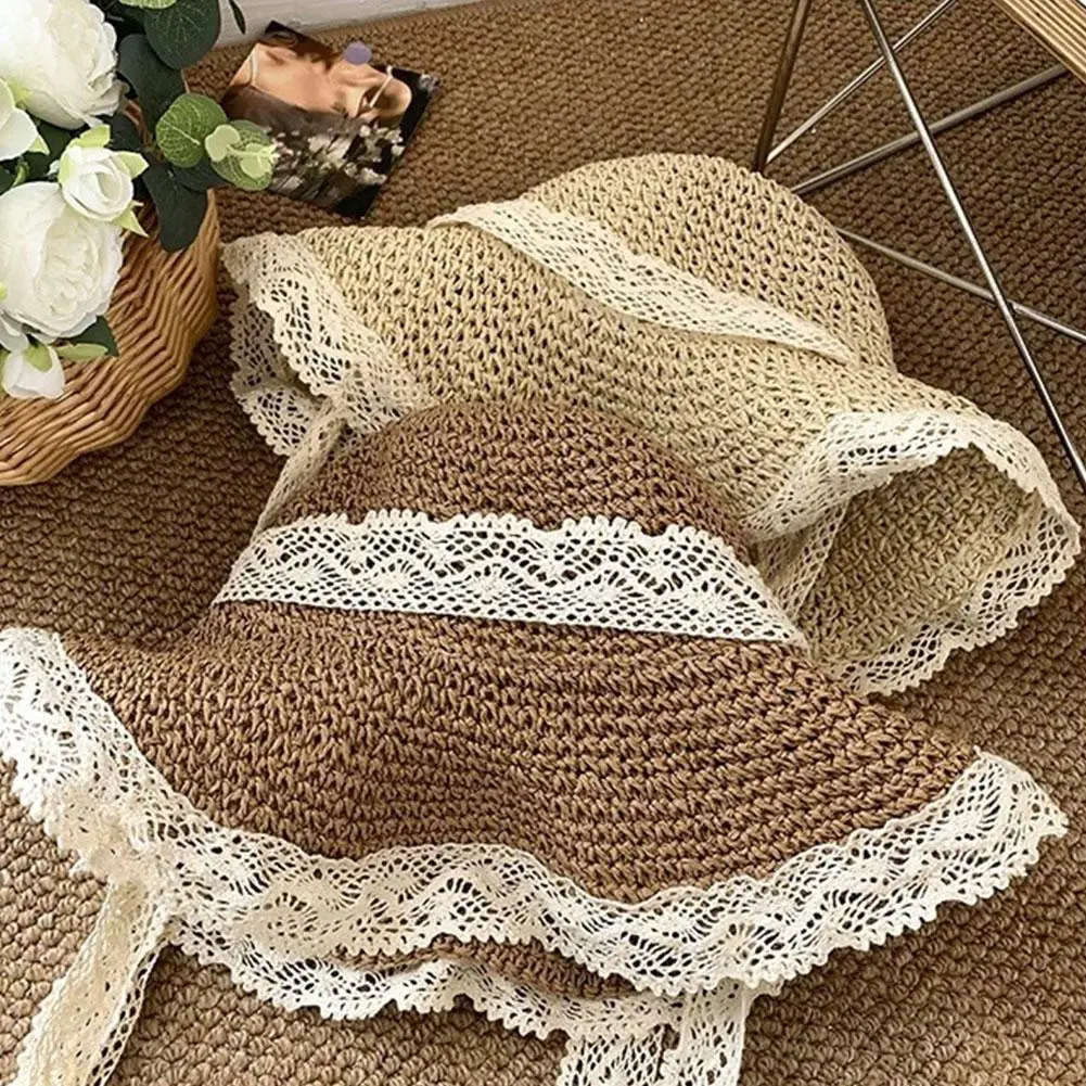 Women's Soft Lace Sun Hat - Summer Hollow Straw Beach Cap for Outdoor Travel & Fishing Beach Sun Protection Cap