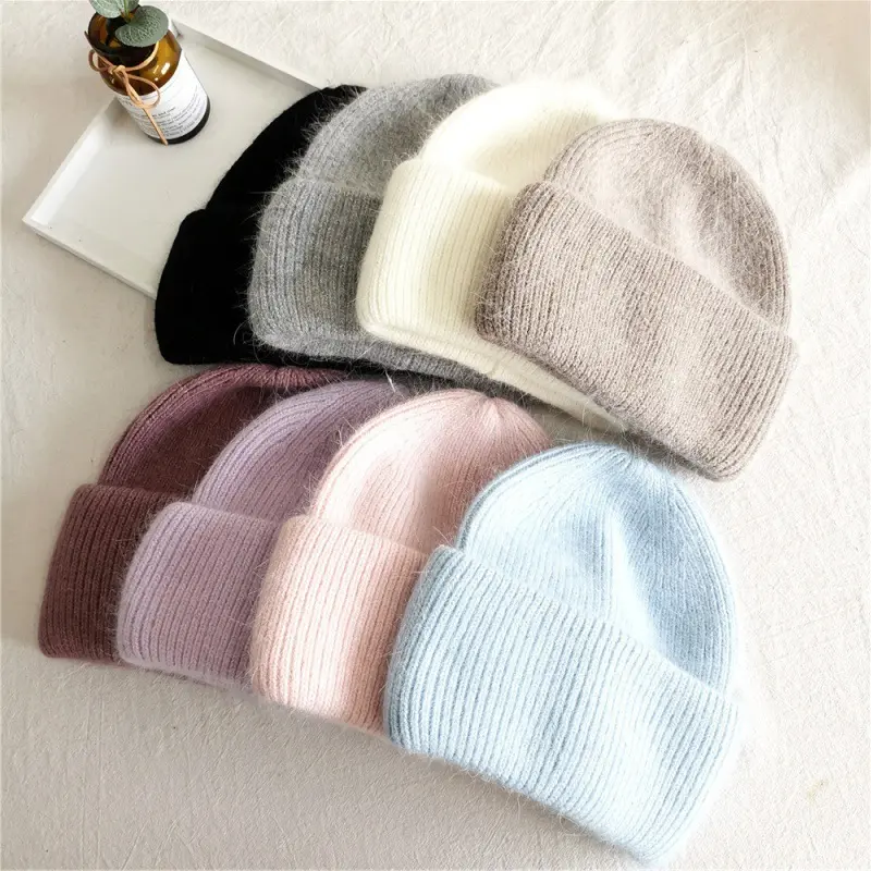 Women's Solid Color Rabbit Fur Hat with Thick Velvet and Warm Knitted Hat Cover for Autumn and Winter, Cycling Hat