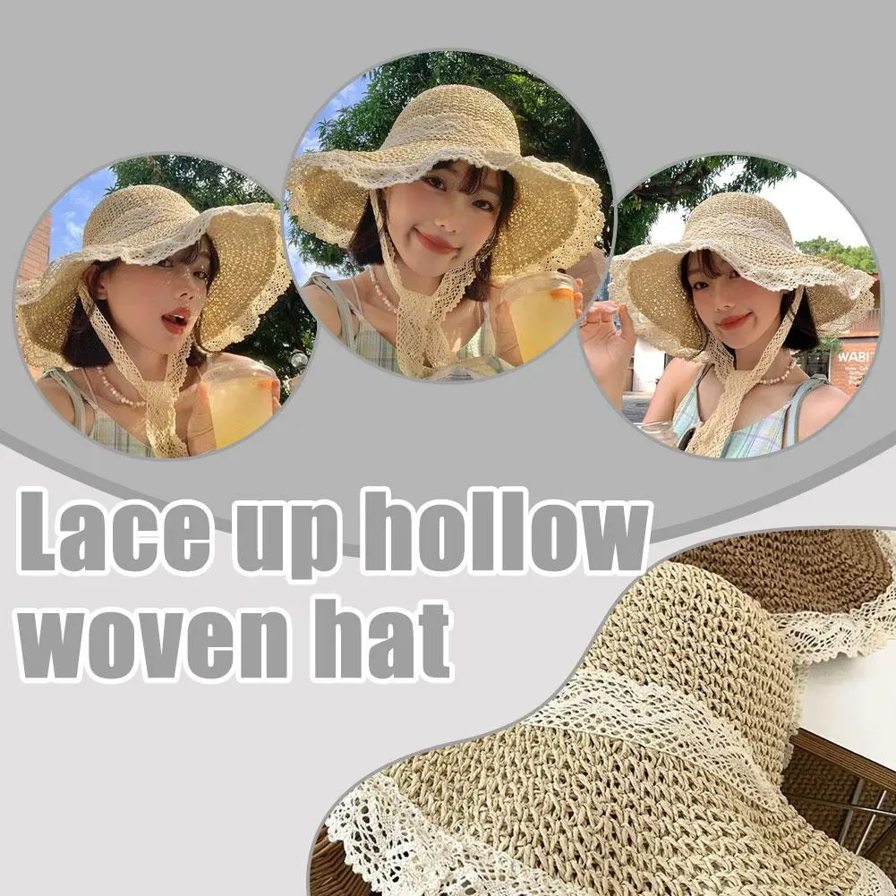 Women's Soft Lace Sun Hat - Summer Hollow Straw Beach Cap for Outdoor Travel & Fishing Beach Sun Protection Cap