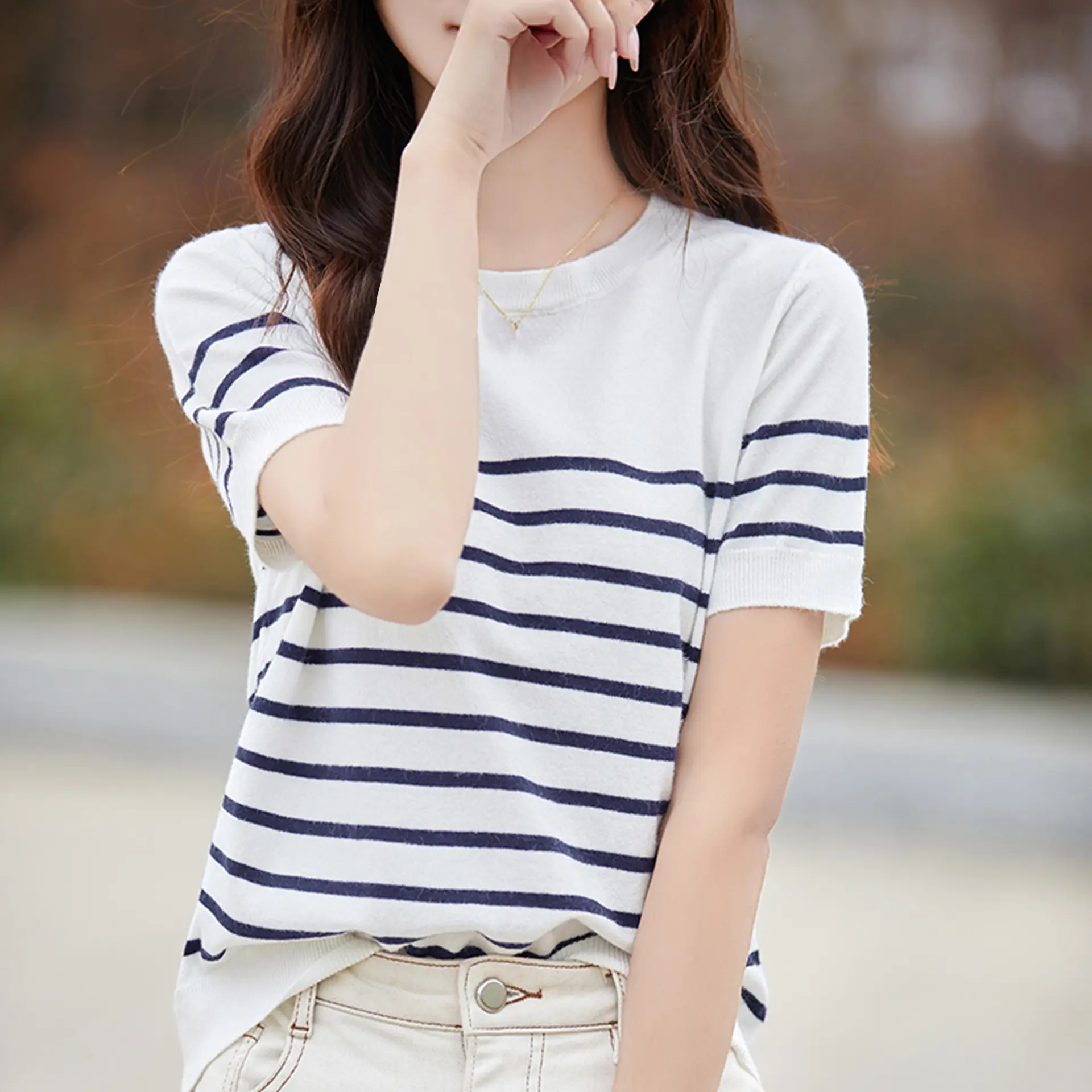 Knitted Short Sleeve Sweater Shirt for Women Summer O-Neck Stripe Casual Thin Pullovers Female Korea Fashion Knit  Tops Girl