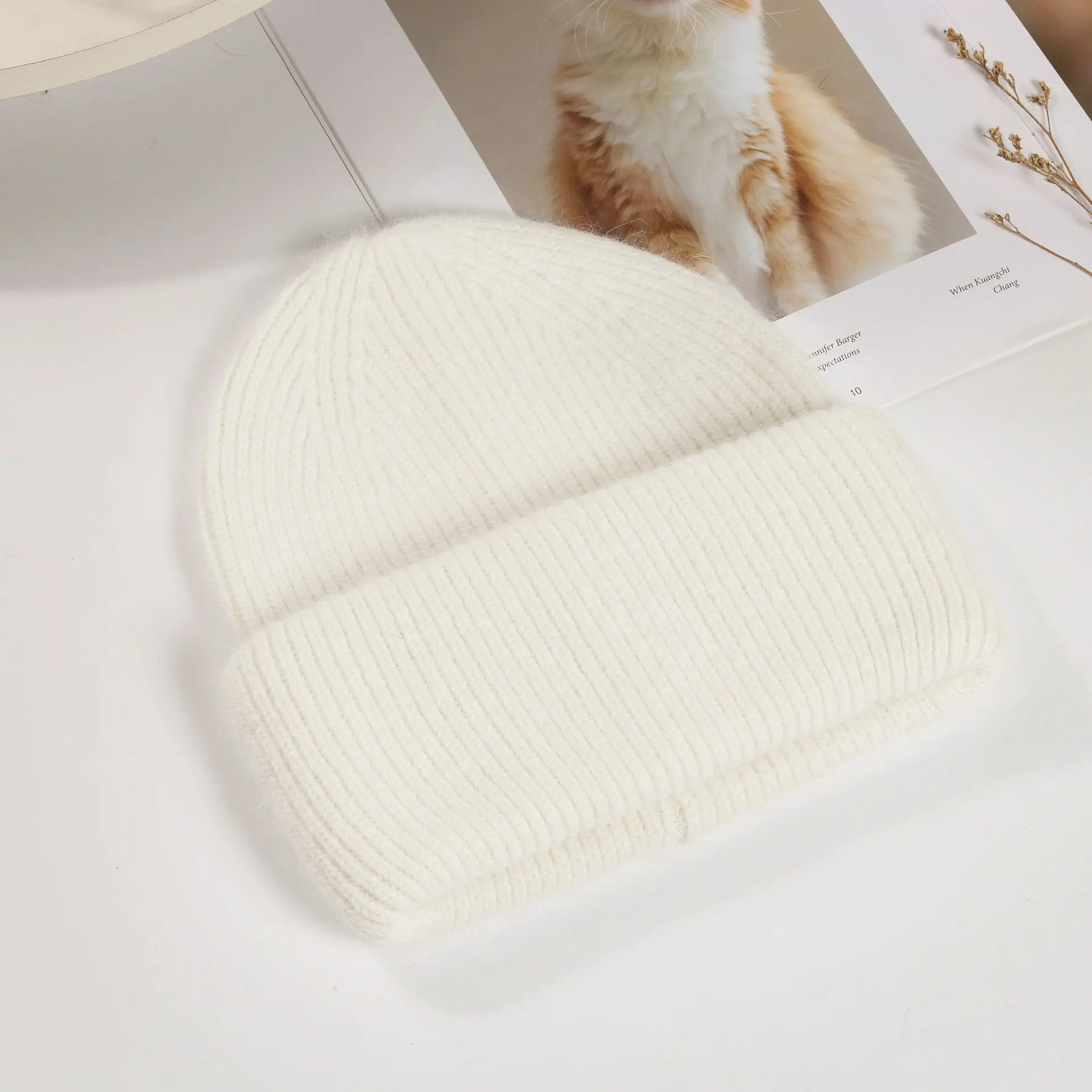 Women's Solid Color Rabbit Fur Hat with Thick Velvet and Warm Knitted Hat Cover for Autumn and Winter, Cycling Hat
