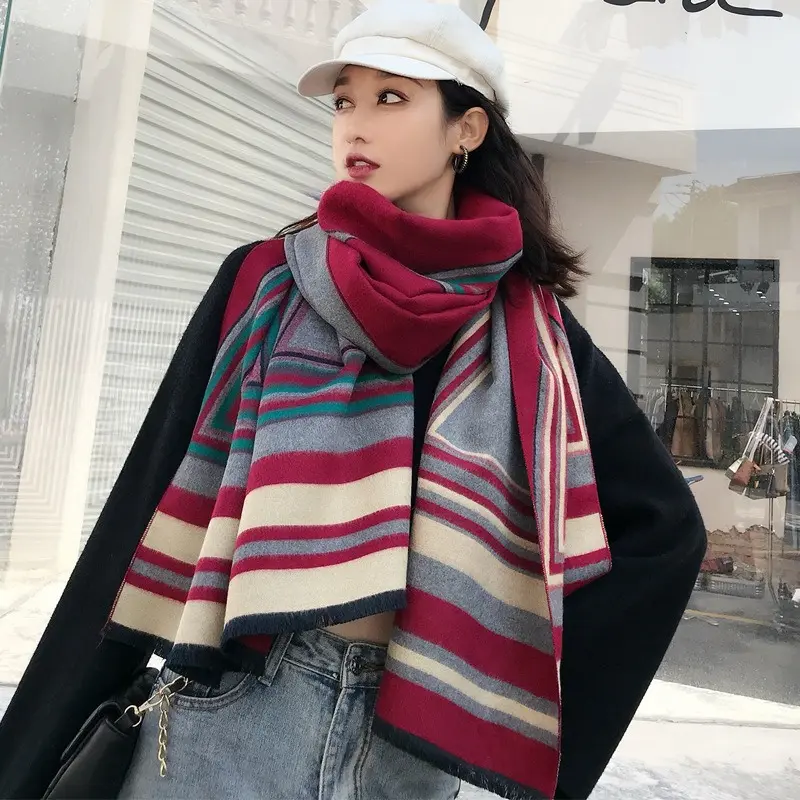 Women's Autumn and Winter Shawl Scarf Dual-use Double-sided Warm and Thick Color Blocked Scarf for Windproof Wear Outside