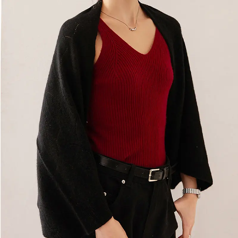 100%Wool Knitted Cloak Cardigan Women's Clothing Korean Fashion Hollow Loose Sweater Shawl Warm Soft Wollen Poncho Cape Jacket