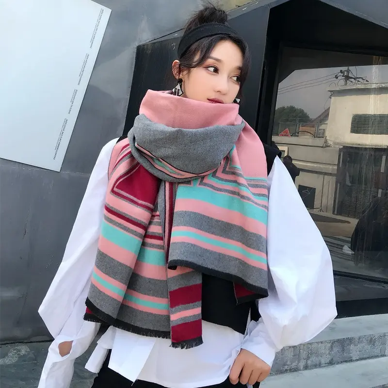 Women's Autumn and Winter Shawl Scarf Dual-use Double-sided Warm and Thick Color Blocked Scarf for Windproof Wear Outside