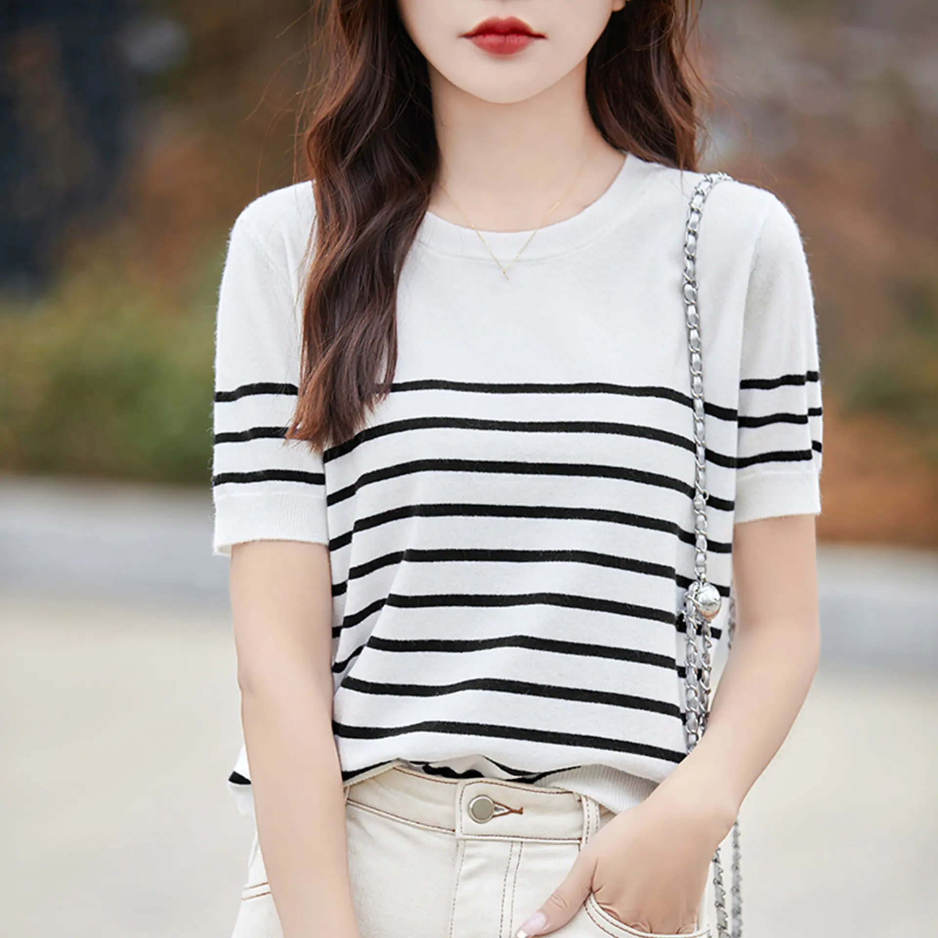 Knitted Short Sleeve Sweater Shirt for Women Summer O-Neck Stripe Casual Thin Pullovers Female Korea Fashion Knit  Tops Girl