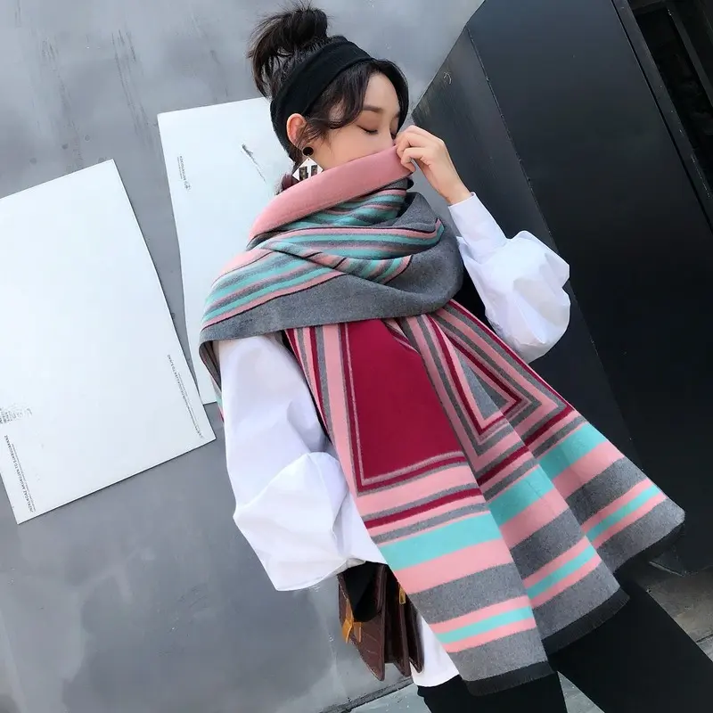 Women's Autumn and Winter Shawl Scarf Dual-use Double-sided Warm and Thick Color Blocked Scarf for Windproof Wear Outside