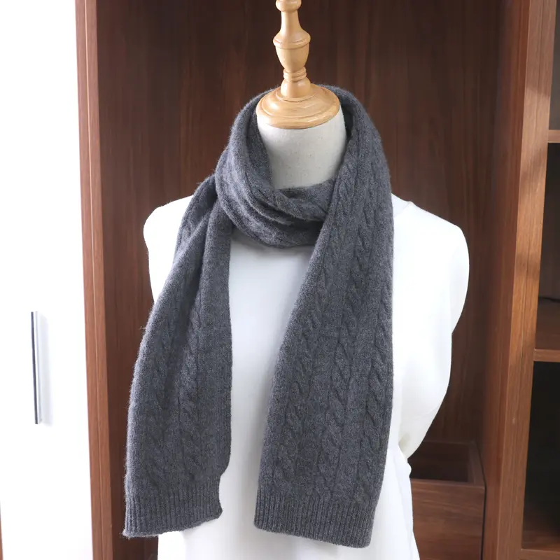 100%Wool Scarf For Women's Winter Knitted Solid Narrow Long Shawls Universal Twisted Flower Scarves Fashion Neck Warmer 22x160cm