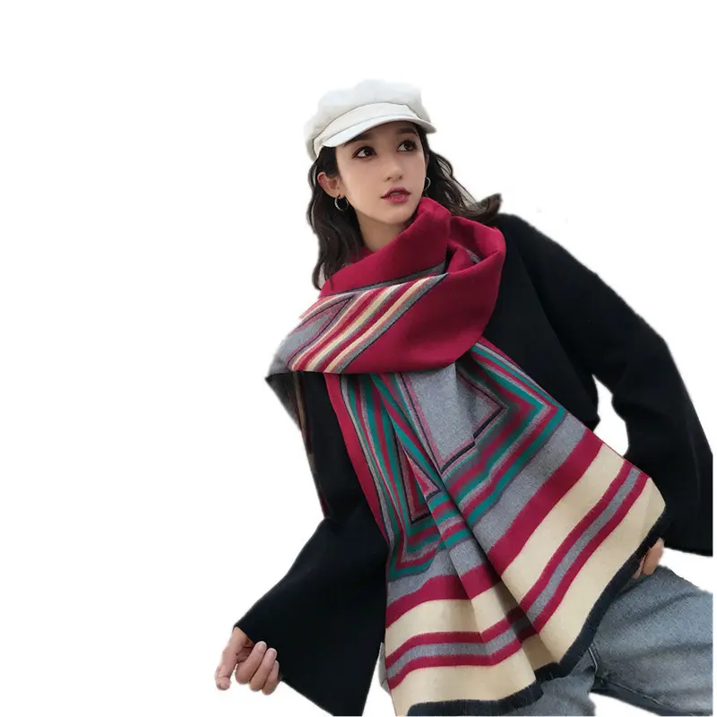 Women's Autumn and Winter Shawl Scarf Dual-use Double-sided Warm and Thick Color Blocked Scarf for Windproof Wear Outside