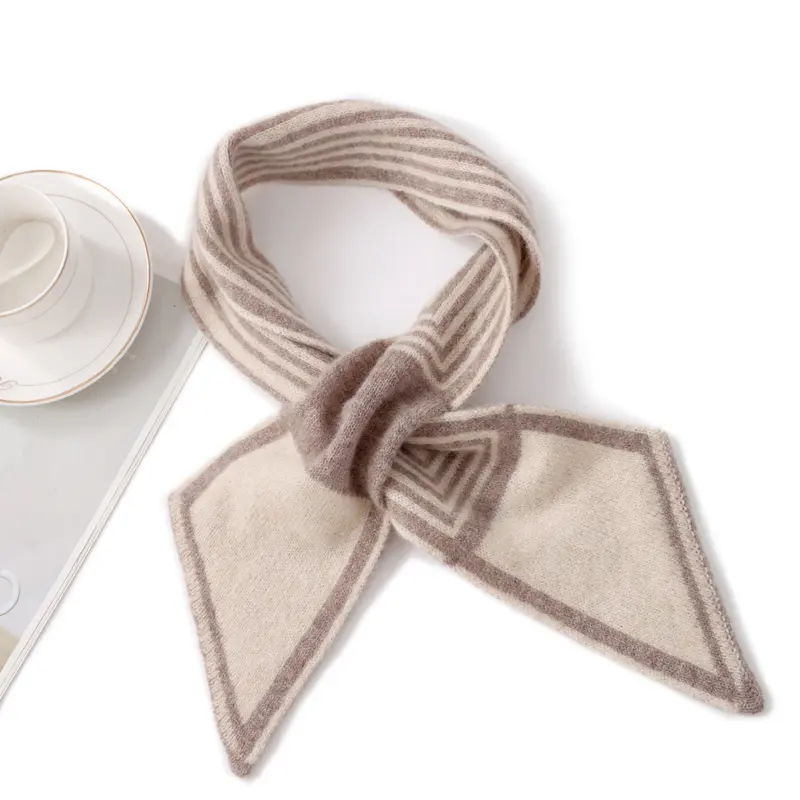 Women 100% Wool Cross Neck Wrap Patchwork Color Knitted Long Small Scarf Winter Korea Fashion Soft Warm False Collar 85cmx11cm