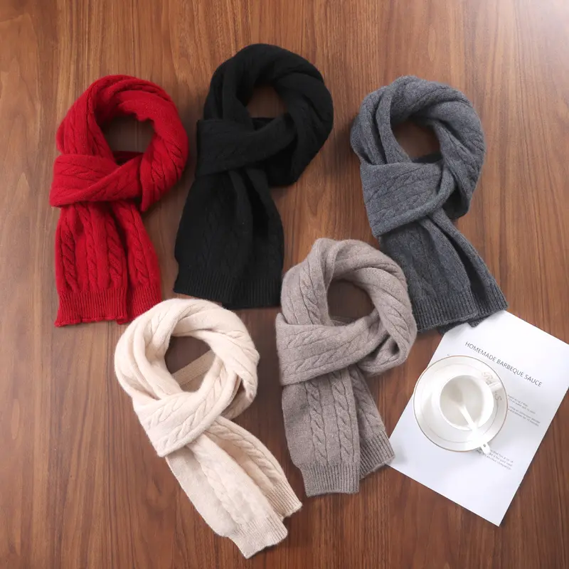 100%Wool Scarf For Women's Winter Knitted Solid Narrow Long Shawls Universal Twisted Flower Scarves Fashion Neck Warmer 22x160cm