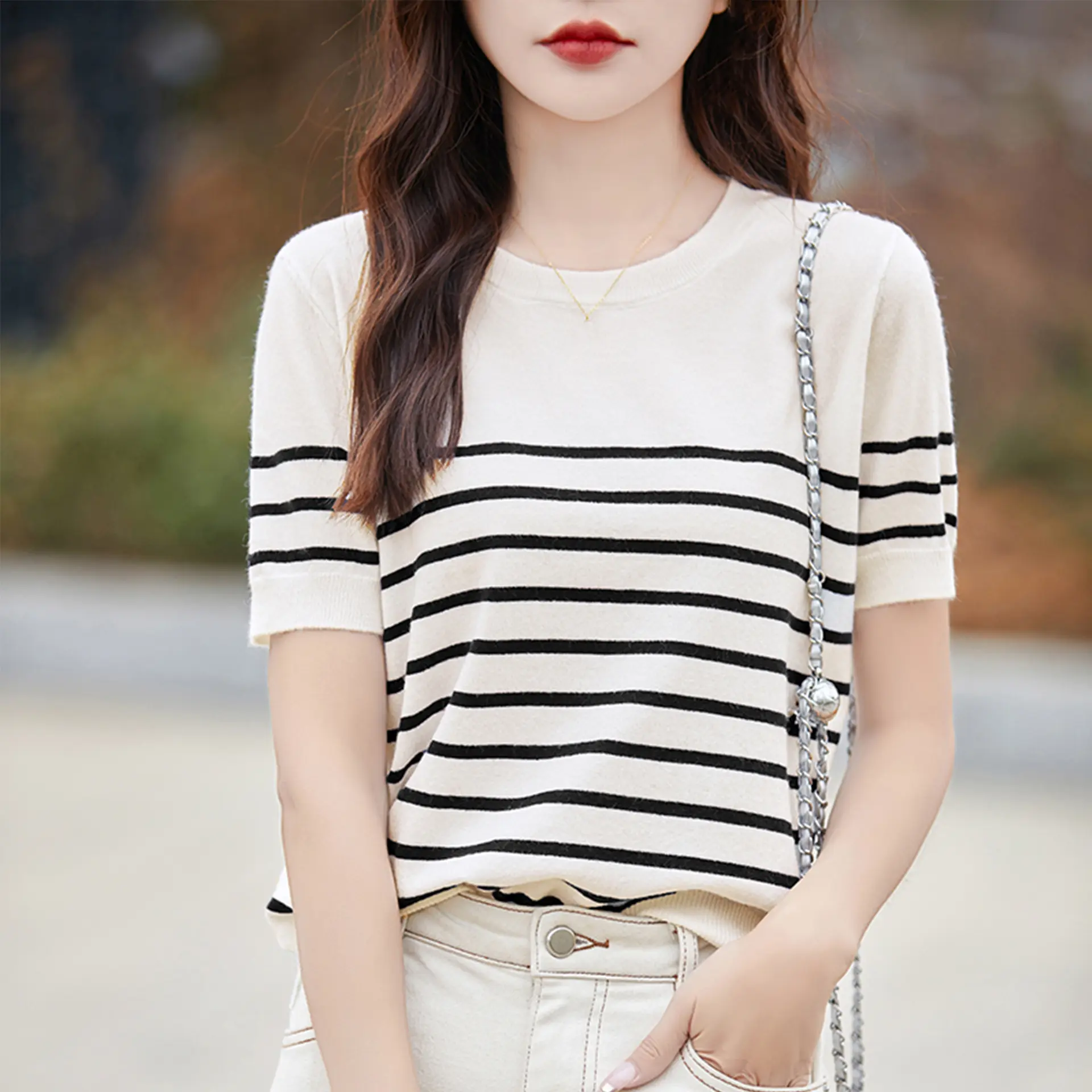 Knitted Short Sleeve Sweater Shirt for Women Summer O-Neck Stripe Casual Thin Pullovers Female Korea Fashion Knit  Tops Girl