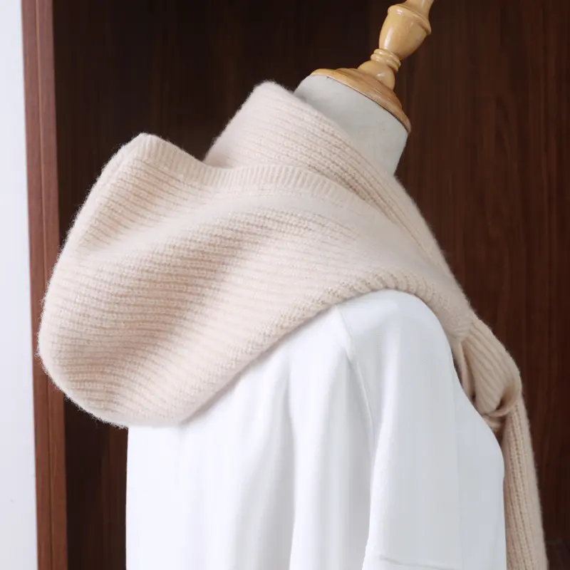 100%Wool Knitted One-Piece Hooded Scarf Shawls Women Winter Soft Warm Balaclava T-Shirt Decroration Fashion Fake Collar Girl