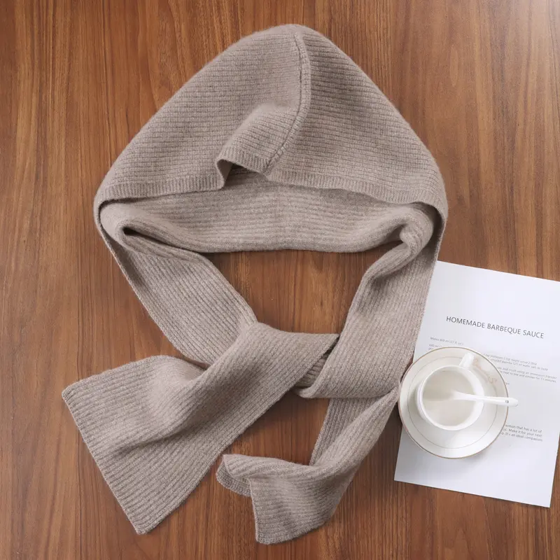 100%Wool Knitted One-Piece Hooded Scarf Shawls Women Winter Soft Warm Balaclava T-Shirt Decroration Fashion Fake Collar Girl
