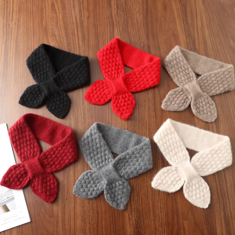 100%Wool Women Bowknot Cross Knit Ring Scarves Fashion Autumn Winter Solid Color Elastic Soft Wollen Fake Collar Neck Warmers