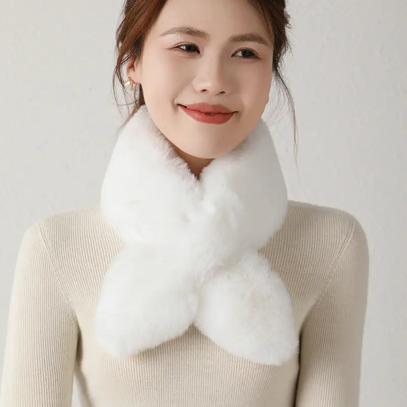 100%Rabbit Fur Cross Scarf Shawls Women Winter Thicken Plush Fashion Fake Collar Soft Warm Neck Cover Ring Scarves Lady Girl