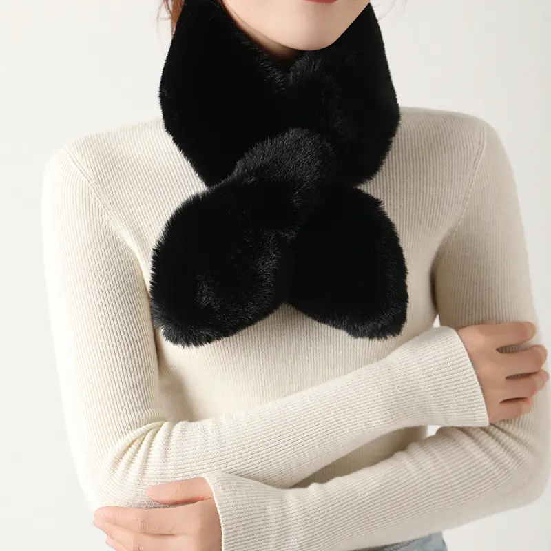 100%Rabbit Fur Cross Scarf Shawls Women Winter Thicken Plush Fashion Fake Collar Soft Warm Neck Cover Ring Scarves Lady Girl