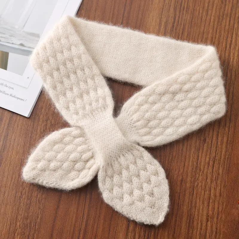 100%Wool Women Bowknot Cross Knit Ring Scarves Fashion Autumn Winter Solid Color Elastic Soft Wollen Fake Collar Neck Warmers