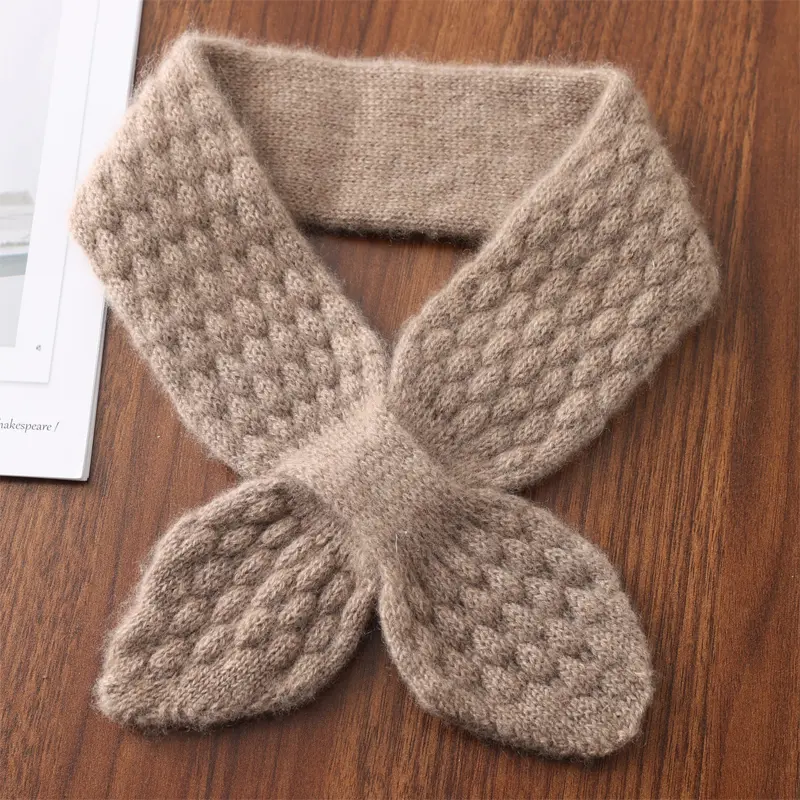 100%Wool Women Bowknot Cross Knit Ring Scarves Fashion Autumn Winter Solid Color Elastic Soft Wollen Fake Collar Neck Warmers