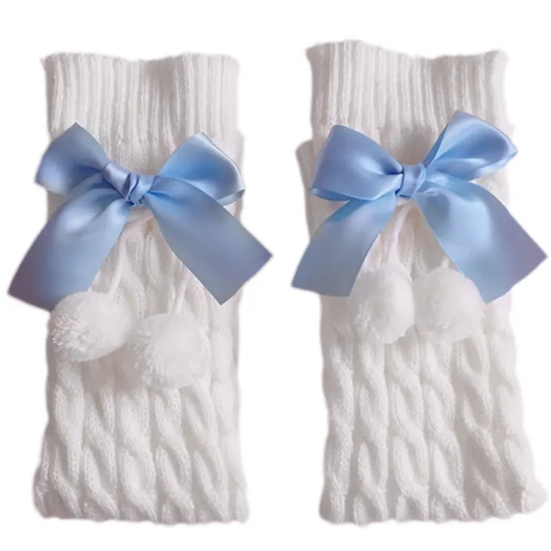 Japanese Preppy Style Women Girls Leg Warmers Sweet Bow Plush Ball Boot Cuffs Foot Cover Lolita Chunky Twist Cable Knitted Knee