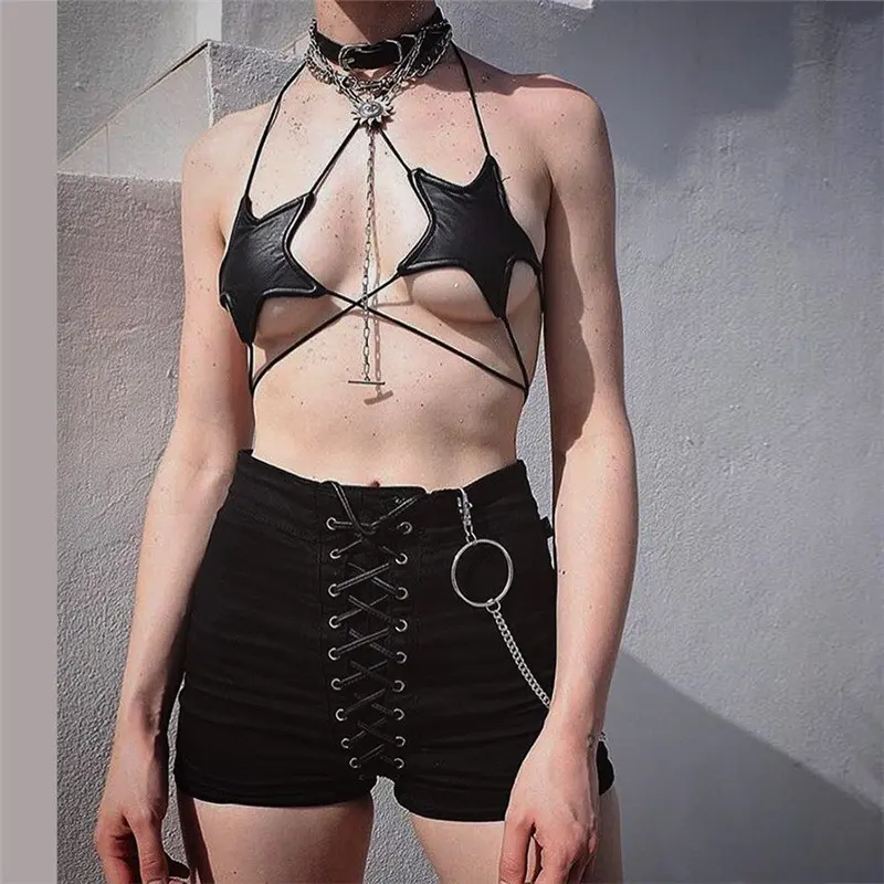 Sexy Women Leather Star Shape Strappy Bra Bustier Crop Top Bralette Hanging Neck Bandage Bra Reflective Silver Nightclub Vest