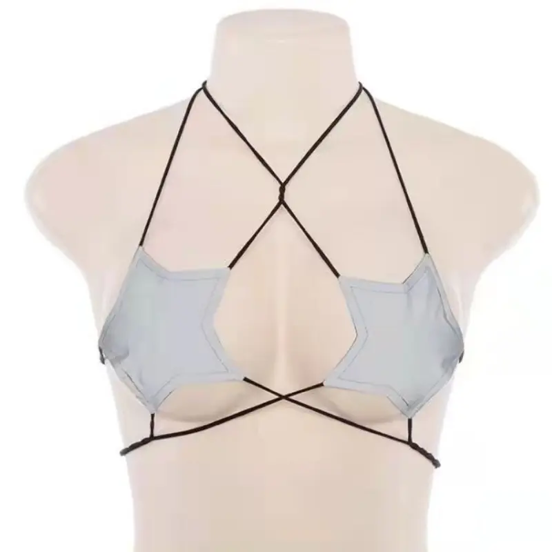 Sexy Women Leather Star Shape Strappy Bra Bustier Crop Top Bralette Hanging Neck Bandage Bra Reflective Silver Nightclub Vest