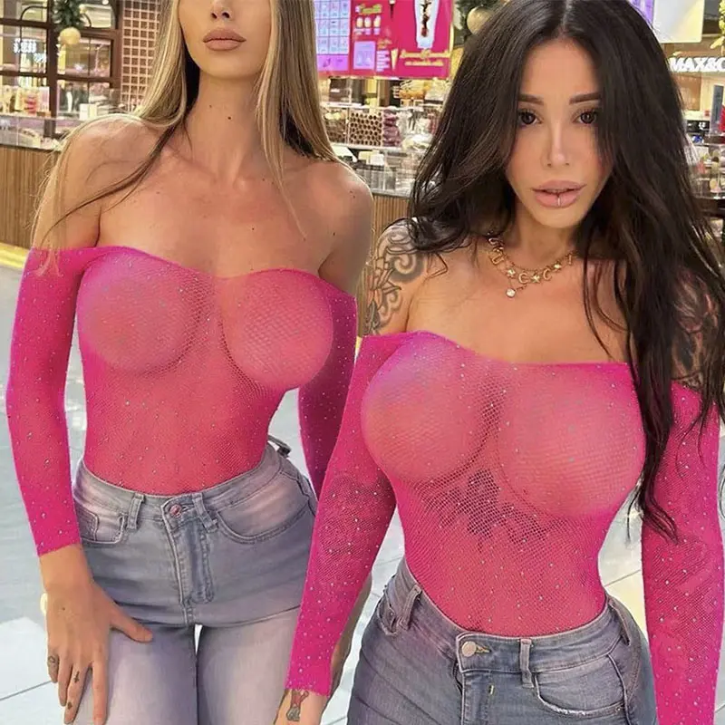 Sexy One-piece Lingerie Bodysuit Women Bra Set Rhinestone Underwear Hot Transparent Open Strapless Erotic Mesh Bras Long Sleeve