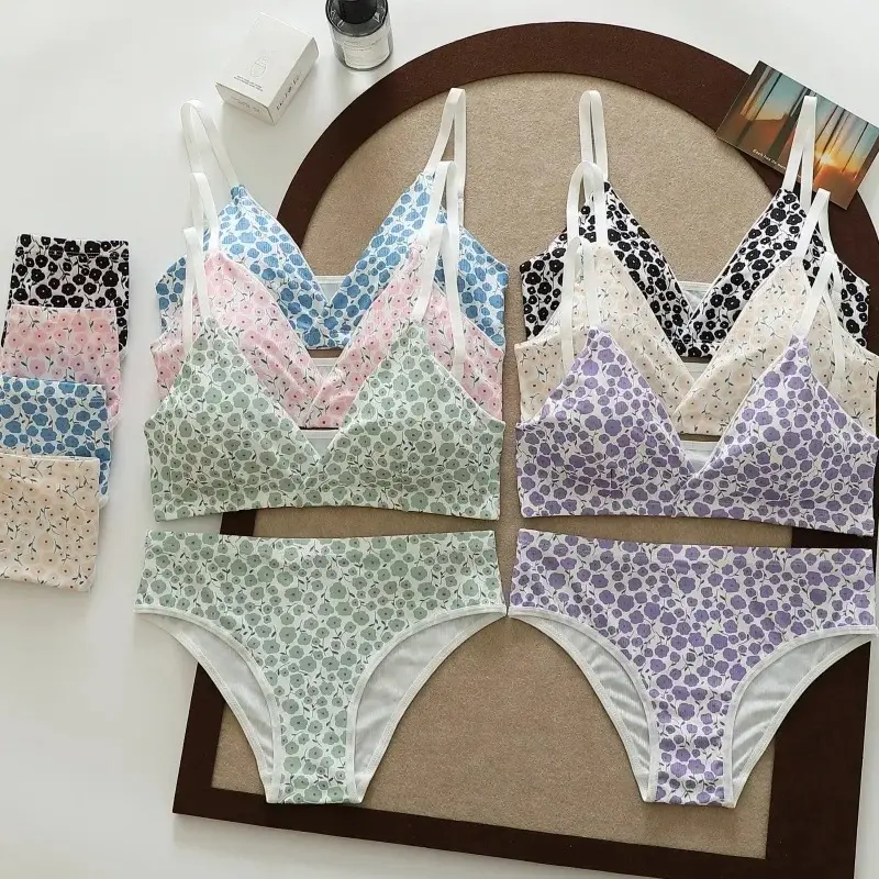 Seamless Bra Set Women Low Waist Panties Floral Bralette Sexy Lingerie Set Gilrls Vneck Brassiere Female Sport Underwear Set
