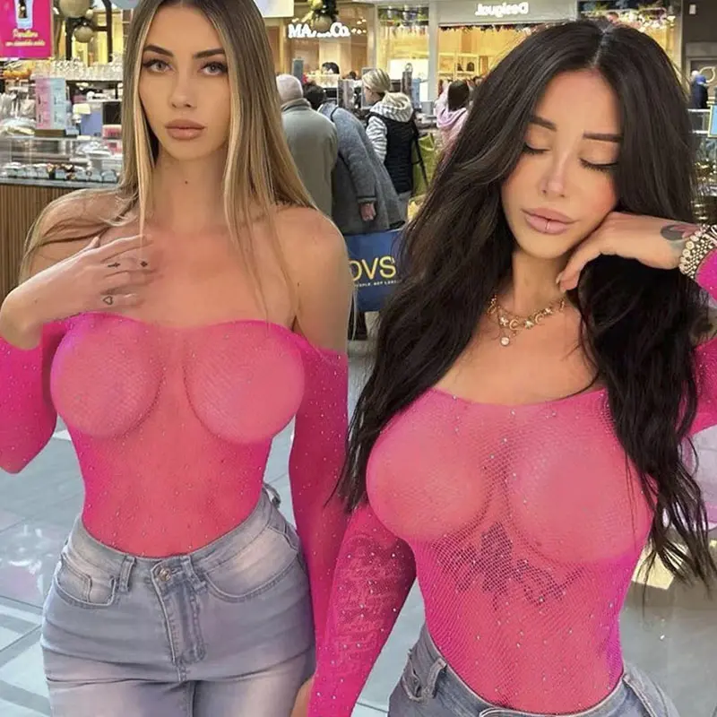 Sexy One-piece Lingerie Bodysuit Women Bra Set Rhinestone Underwear Hot Transparent Open Strapless Erotic Mesh Bras Long Sleeve