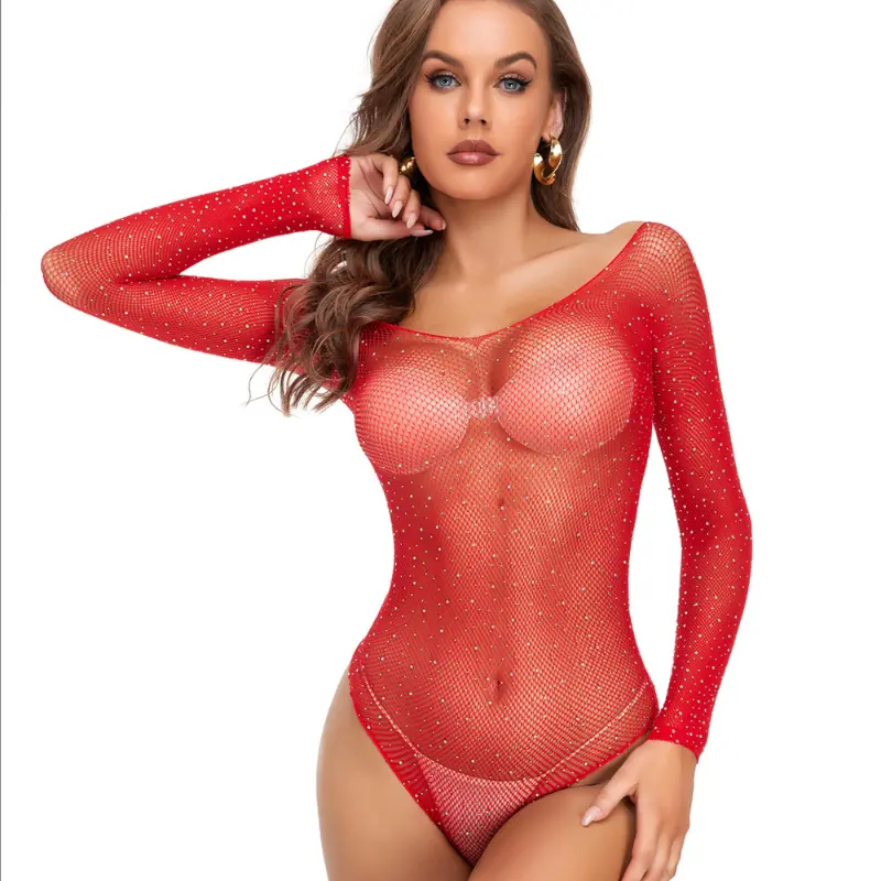 Sexy One-piece Lingerie Bodysuit Women Bra Set Rhinestone Underwear Hot Transparent Open Strapless Erotic Mesh Bras Long Sleeve