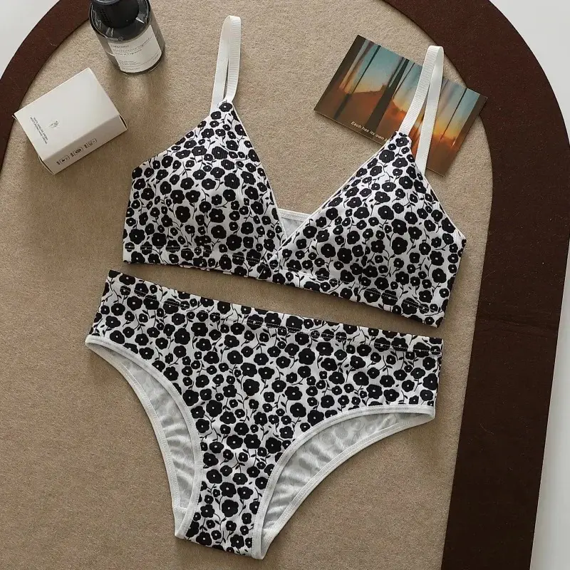 Seamless Bra Set Women Low Waist Panties Floral Bralette Sexy Lingerie Set Gilrls Vneck Brassiere Female Sport Underwear Set