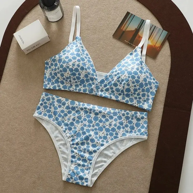 Seamless Bra Set Women Low Waist Panties Floral Bralette Sexy Lingerie Set Gilrls Vneck Brassiere Female Sport Underwear Set