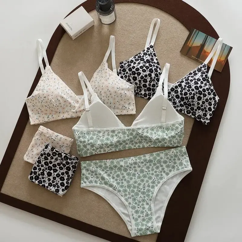 Seamless Bra Set Women Low Waist Panties Floral Bralette Sexy Lingerie Set Gilrls Vneck Brassiere Female Sport Underwear Set