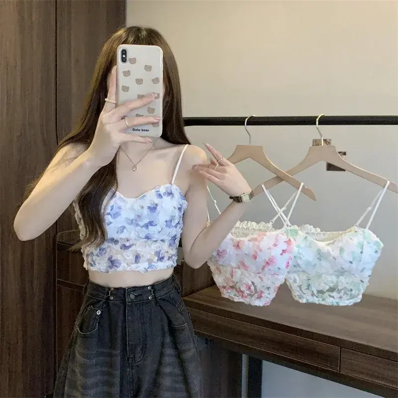 Lace Crop Top Women Rose Floral Bra Mesh Tube Top Beauty Back Bra Seamless Cami with Chest Pads Sexy Tank Top Sweet Lingerie