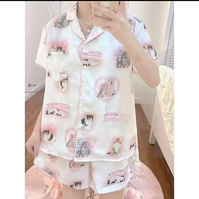 Kawaii Youth Girl's Satin Homewear Short Long Fashion Pyjama Cute Cat Print Summer New Thin Pajamas for Women Silk Home Set