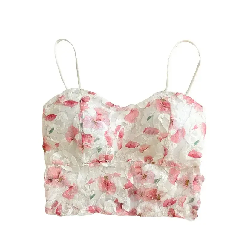 Lace Crop Top Women Rose Floral Bra Mesh Tube Top Beauty Back Bra Seamless Cami with Chest Pads Sexy Tank Top Sweet Lingerie