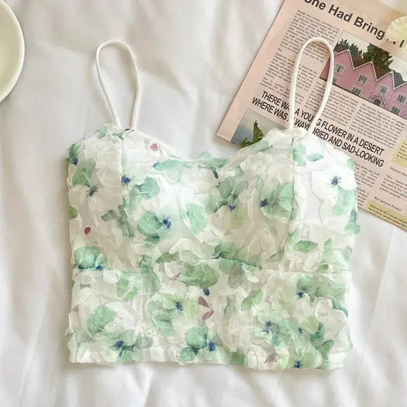 Lace Crop Top Women Rose Floral Bra Mesh Tube Top Beauty Back Bra Seamless Cami with Chest Pads Sexy Tank Top Sweet Lingerie