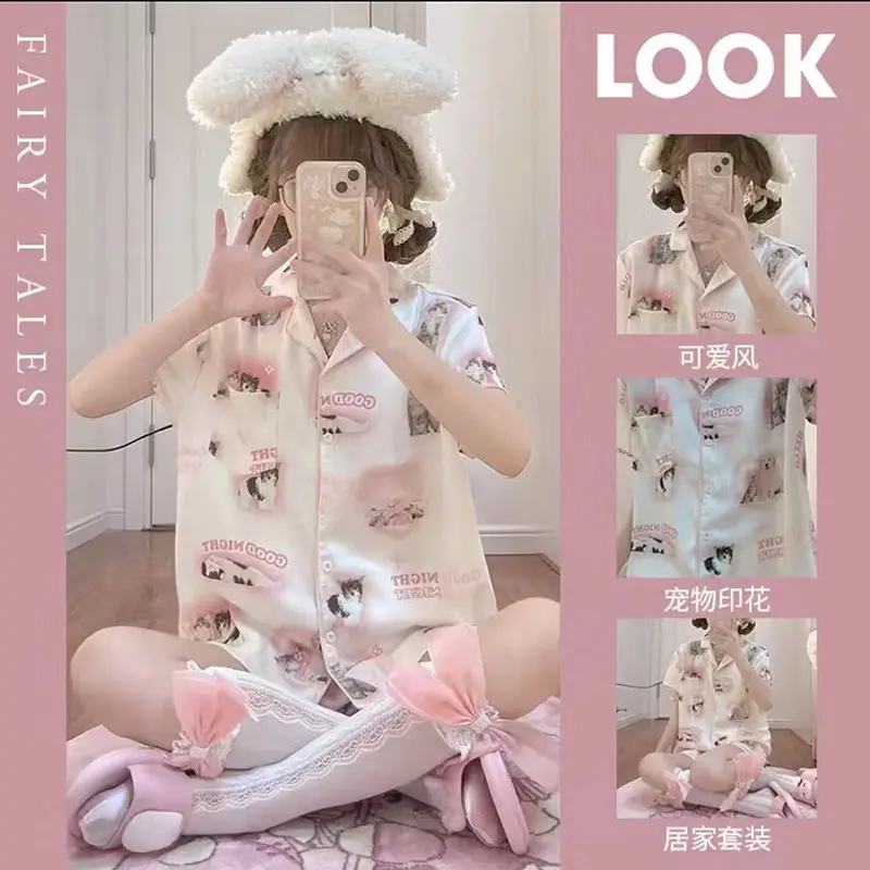 Kawaii Youth Girl's Satin Homewear Short Long Fashion Pyjama Cute Cat Print Summer New Thin Pajamas for Women Silk Home Set