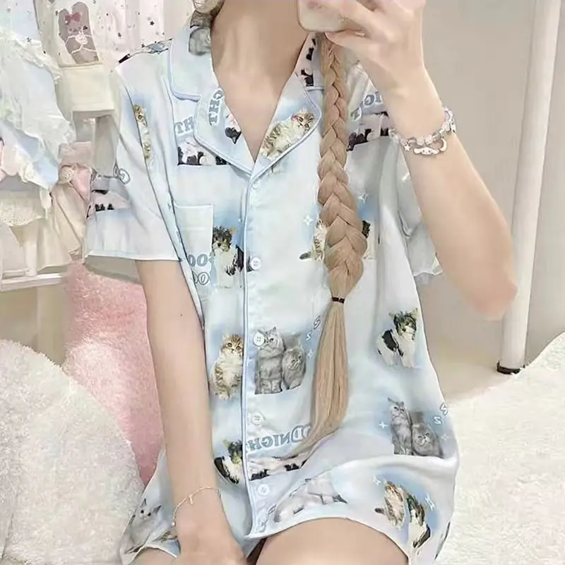 Kawaii Youth Girl's Satin Homewear Short Long Fashion Pyjama Cute Cat Print Summer New Thin Pajamas for Women Silk Home Set