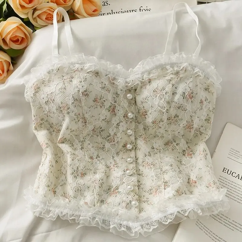 Women French Print Camisole Wire Free Lingerie Sexy Fahsion Camisole Underwear Sleeveless Lace Bralette Top Female Lace Tops