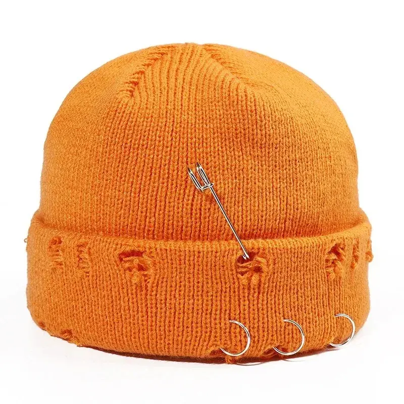 9 Colors Fashionable Ladies Winter Warm Knitted Caps 3 Metal Ring Buckled Hat Cool Pure Hip Hop Hats for Women