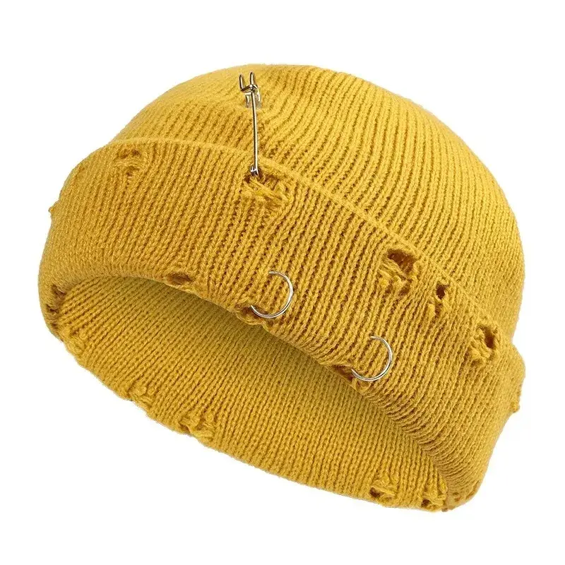 9 Colors Fashionable Ladies Winter Warm Knitted Caps 3 Metal Ring Buckled Hat Cool Pure Hip Hop Hats for Women