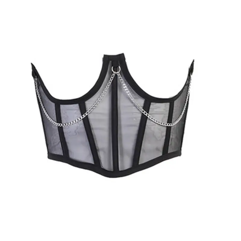 Punk Metal Chain Black Corset Mall Goth High Waist Corsets Harajuku Vintage Mesh See Through Waist Shaper Corsets 2023