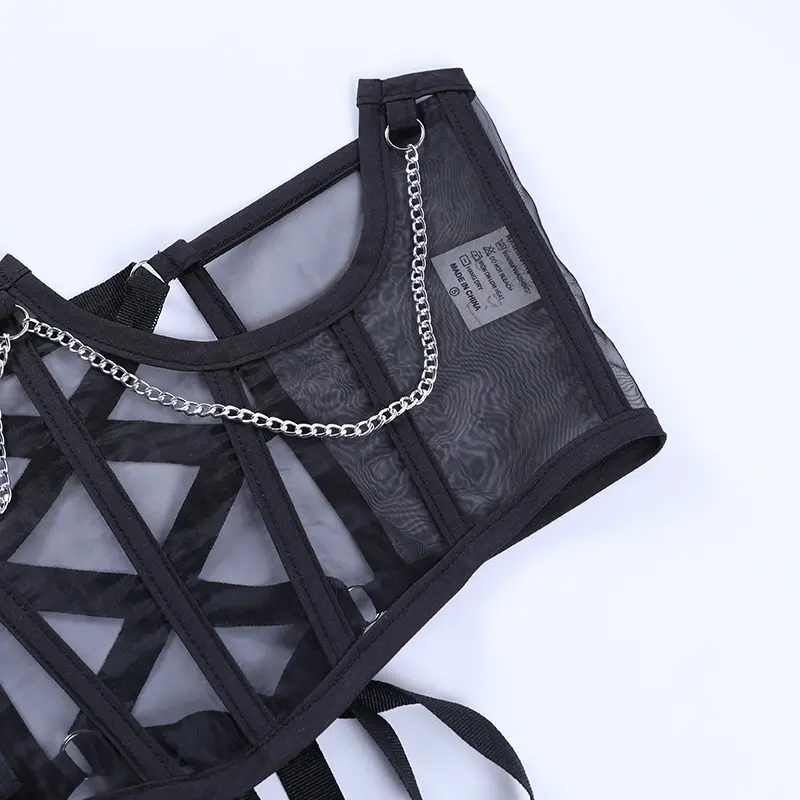 Punk Metal Chain Black Corset Mall Goth High Waist Corsets Harajuku Vintage Mesh See Through Waist Shaper Corsets 2023