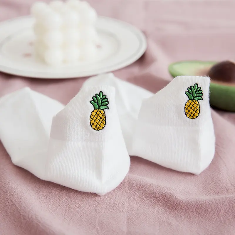 Casual Solid White Socks Women Embroidery Fruits Avocado Strawberry Watermelon Banana Short Socks Summer Harajuku Ankle Socks