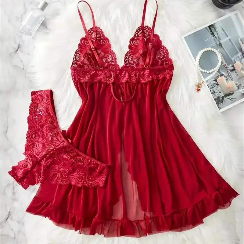 Red Sexy Lingerie Erotic Underwear Sets Transparent Porno Lace Bra And Panty Set Lingerie women Hot Sleepwear Babydoll Dress