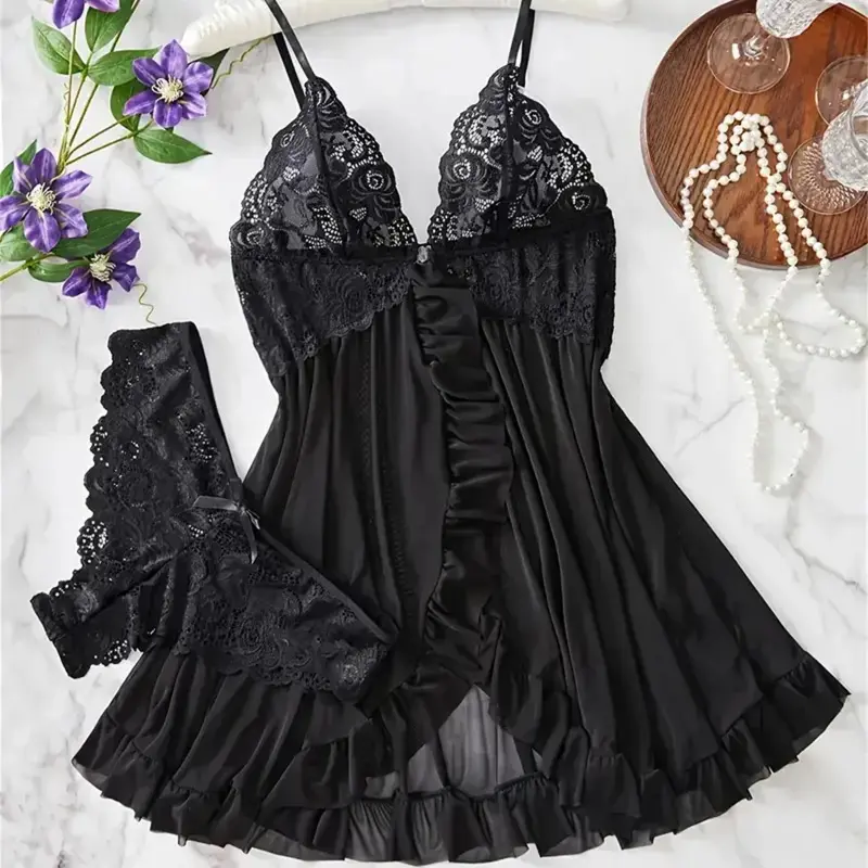Red Sexy Lingerie Erotic Underwear Sets Transparent Porno Lace Bra And Panty Set Lingerie women Hot Sleepwear Babydoll Dress