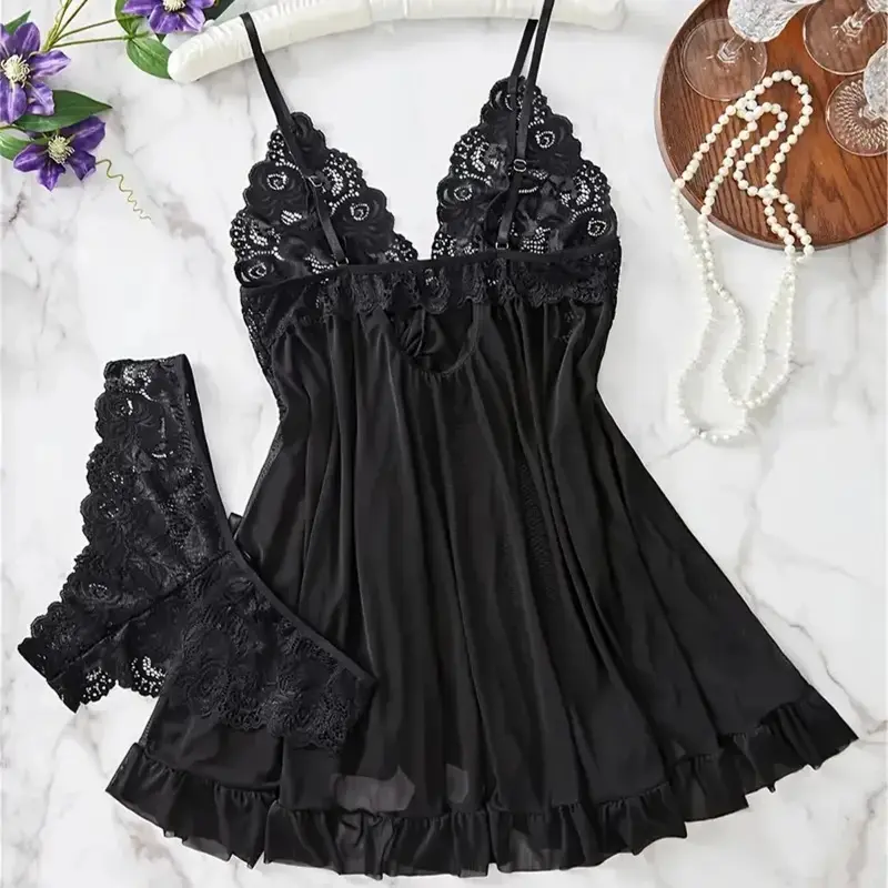 Red Sexy Lingerie Erotic Underwear Sets Transparent Porno Lace Bra And Panty Set Lingerie women Hot Sleepwear Babydoll Dress