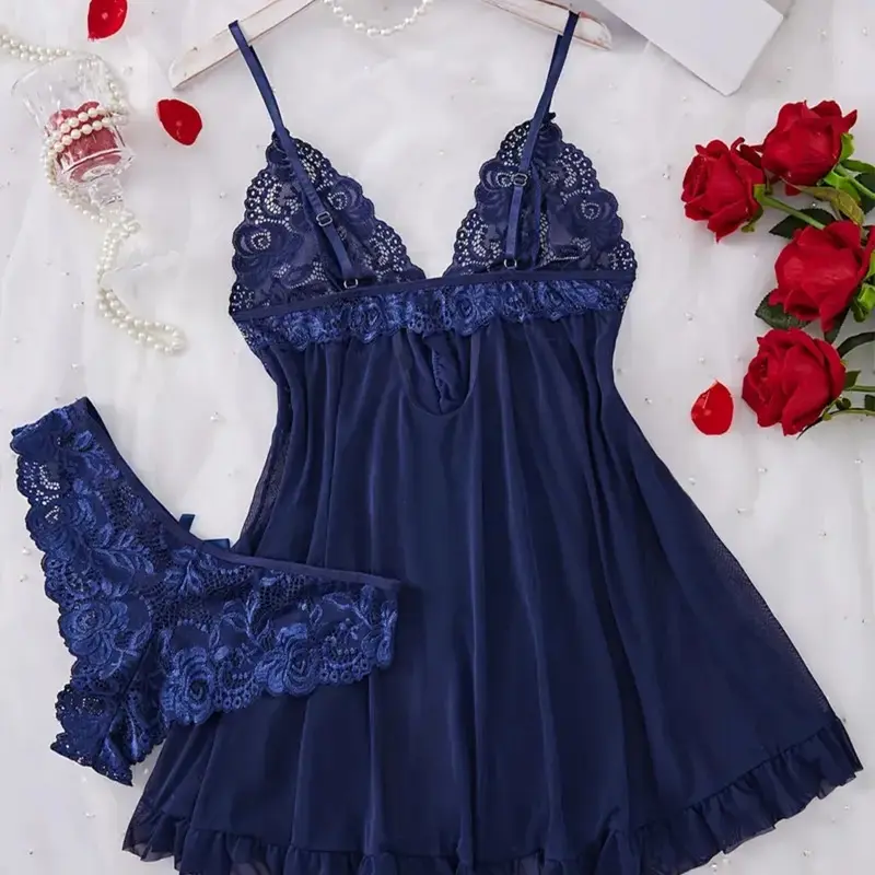 Red Sexy Lingerie Erotic Underwear Sets Transparent Porno Lace Bra And Panty Set Lingerie women Hot Sleepwear Babydoll Dress