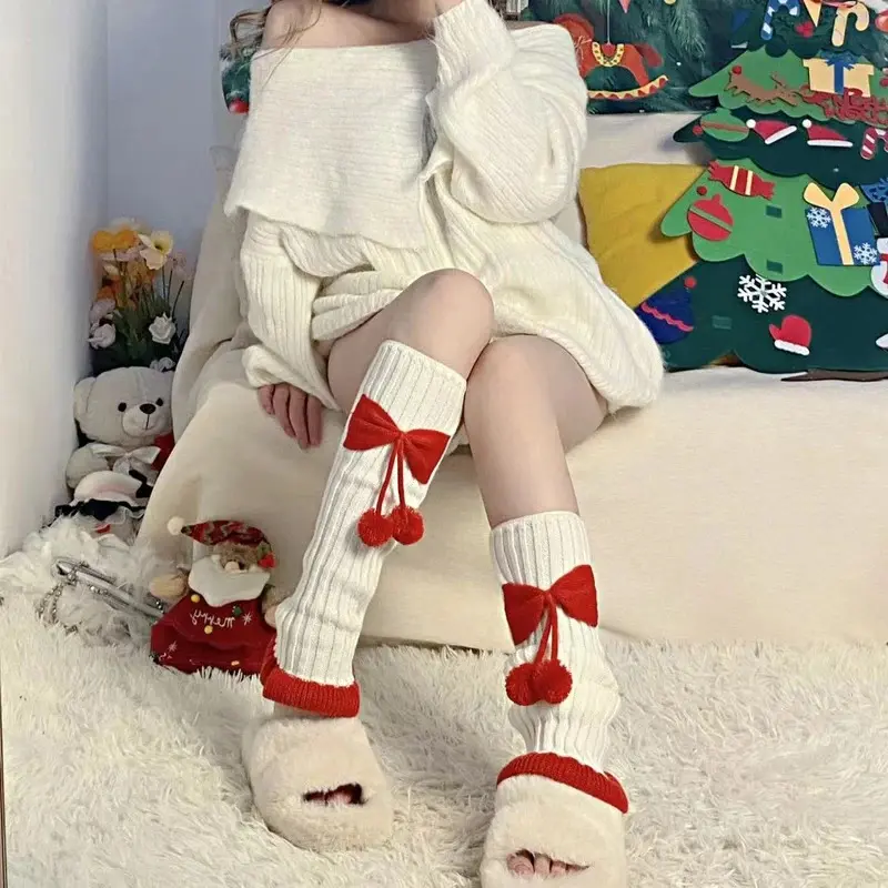 Harajuku Y2k Girls Cute Bow Plush Ball Leg Warmers Socks Japanese Lolita Kawaii Sweet JK Pink Ruffles Knitted Warm Leg Cover
