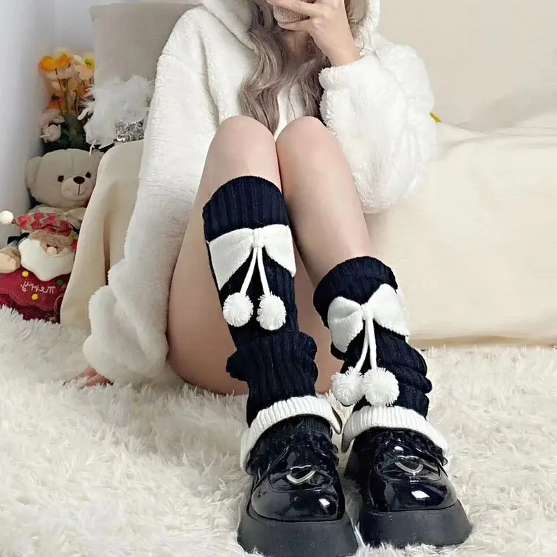 Harajuku Y2k Girls Cute Bow Plush Ball Leg Warmers Socks Japanese Lolita Kawaii Sweet JK Pink Ruffles Knitted Warm Leg Cover